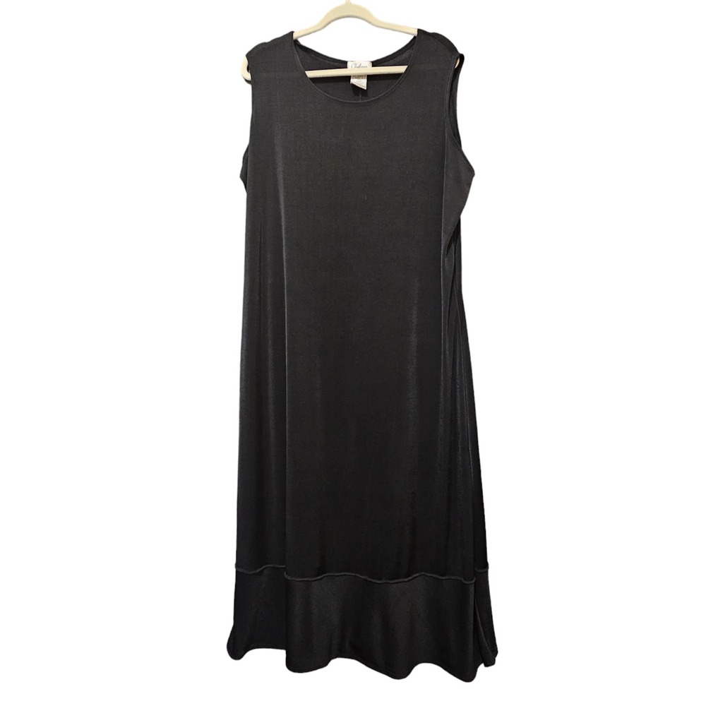 Vtg Skinky Maxi midi Dress Womens Large Black Layard Sleeveless Liquid Knit